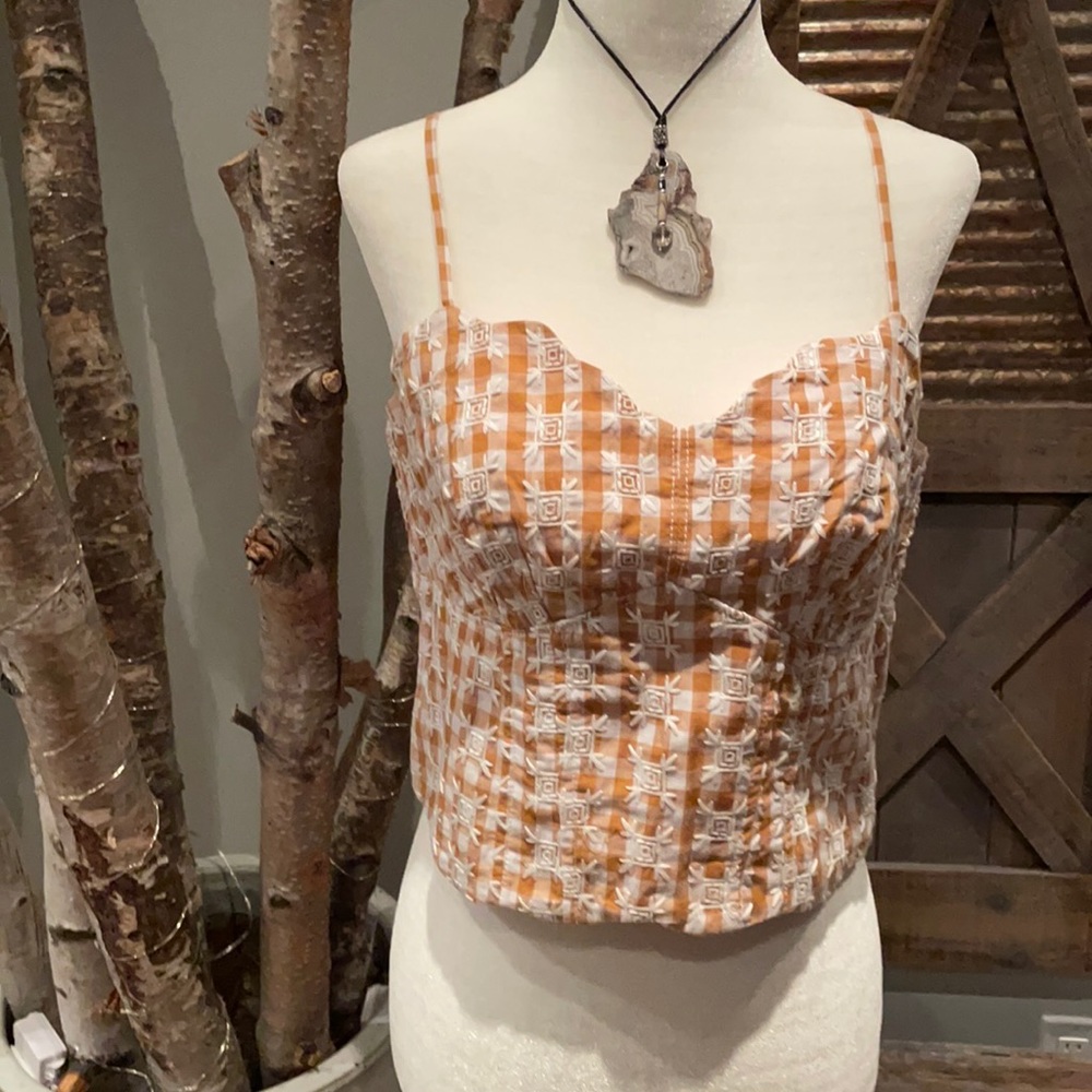 Anthropologie gingham and embroidered halter top